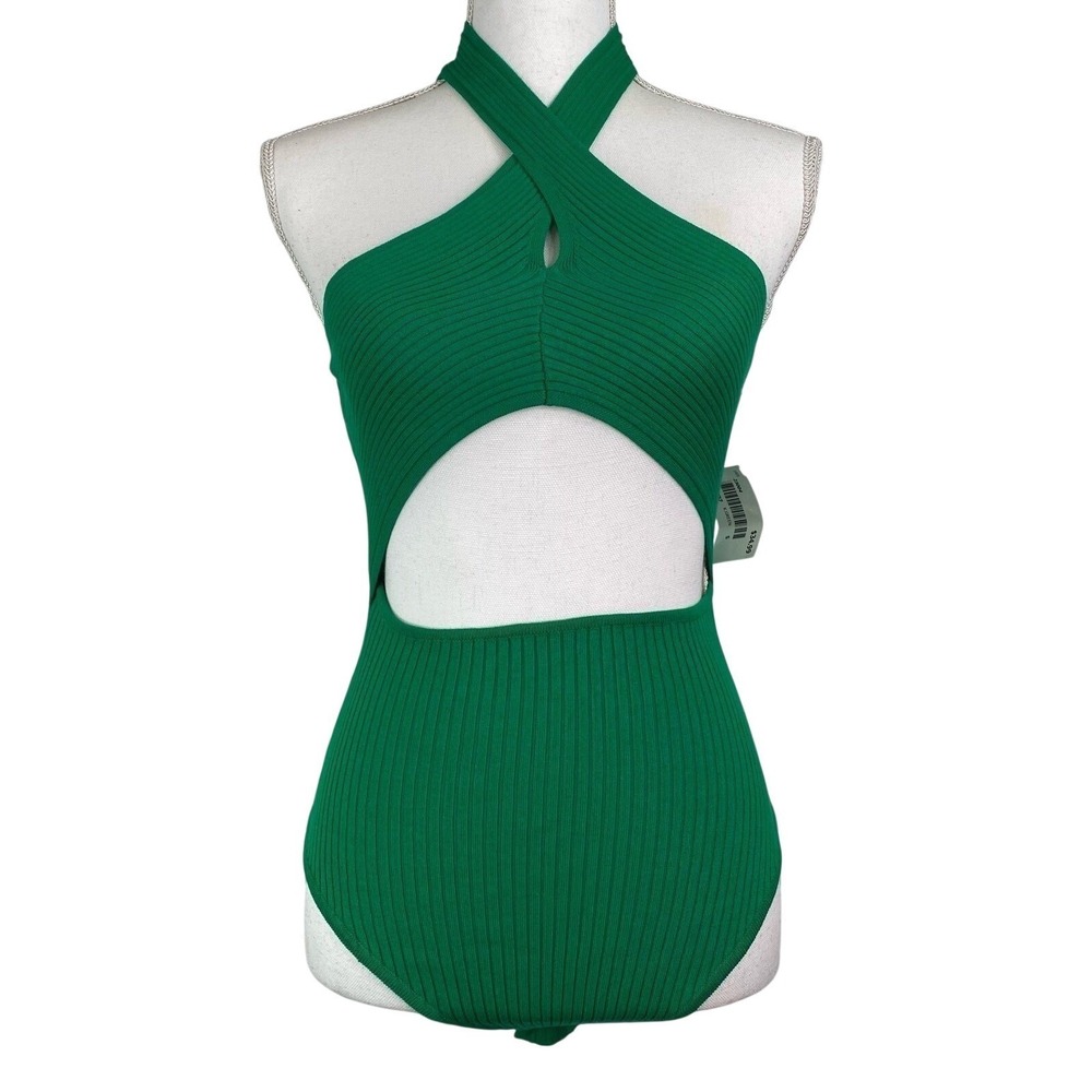 Halter Cutout Bodysuit Green Ribbed Knit Sexy Night Out Summer Womens Small